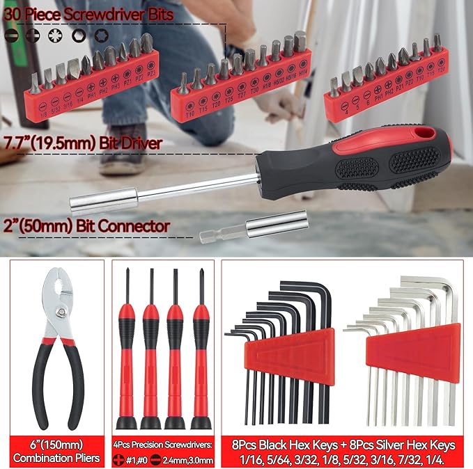 MARTCOLOR 58 Piece Household Tool Set, General Household Hand Tool Kit with Plastic Toolbox Storage Case, All Purpose Household Tool Kit for Home, Garage, Office and College Dormitory Use, Red