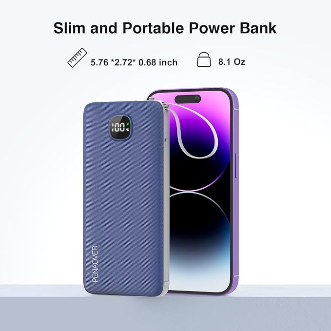 penaover Portable Charger with Built-in Cables&AC Wall Plug,Slim 10000mAh 22.5W Fast Charging Power Bank,5 Output 2 Input USB-C External Battery Pack Compatible with iPhones,Samsung,Android, etc