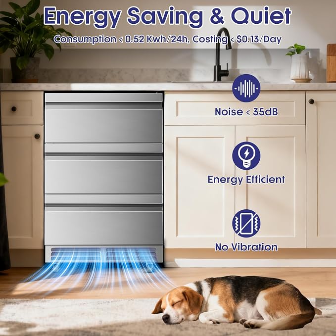 3 Drawers Beverage Refrigerator, 190 Cans 24'' Beverage Fridge with Wheels, Outdoor Waterproof, All Stainless Steel Body, Undercounter or Freestanding, Drink Fridge for Home, Patio & Commercial