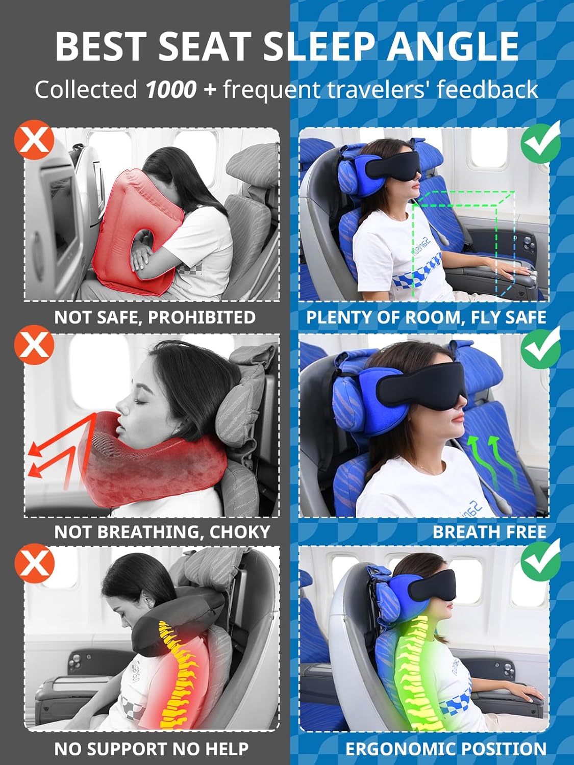 SARISUN Travel Pillows for Airplanes, Airplane Pillow with Eye Mask for Long Flight, Airplane Head Strap for Sleeping, 360° Support Headrest for Car Trip, Stop Bobblehead Travel Essential, Dark Brown