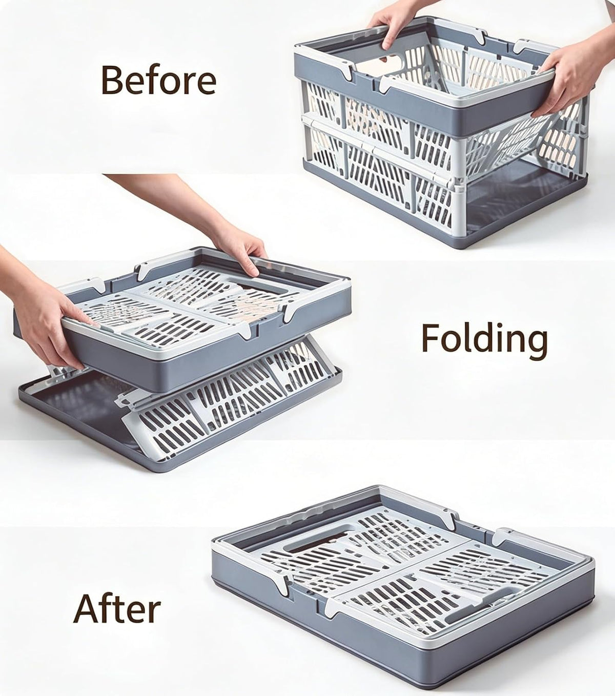Collapsible Storage Crate with Handles, Milk Crates，33L Foldable Plastic Shopping Basket, Organizer Container for Car Home Pinic (Light gray, Large)