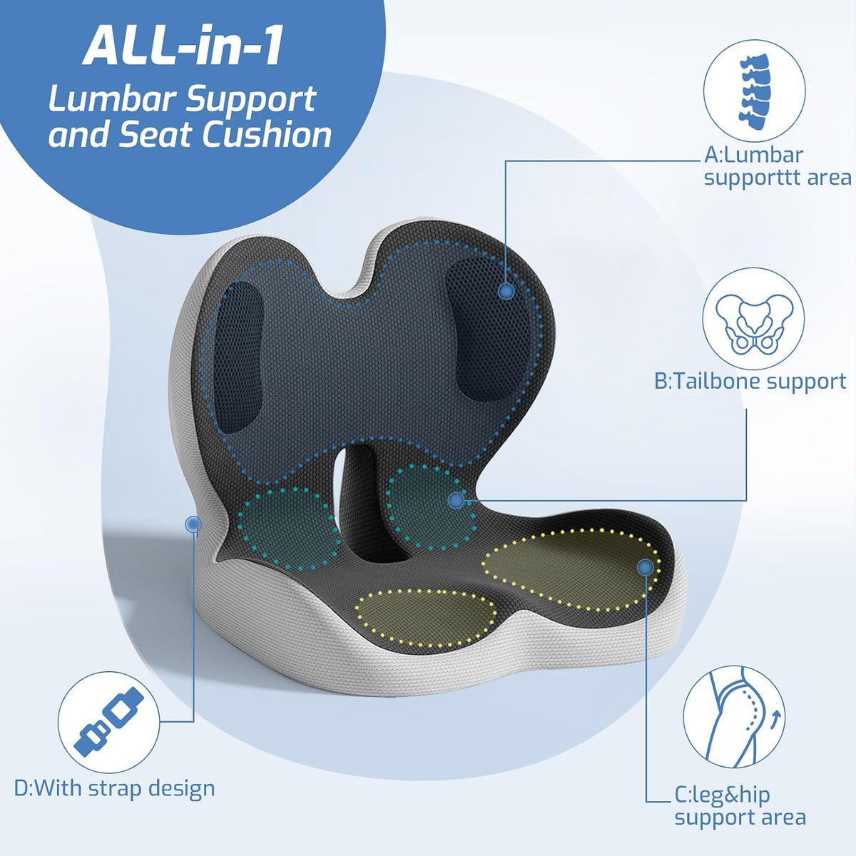 Ergonomic Seat Cushion with Lumbar Support Pillow for Office and Car