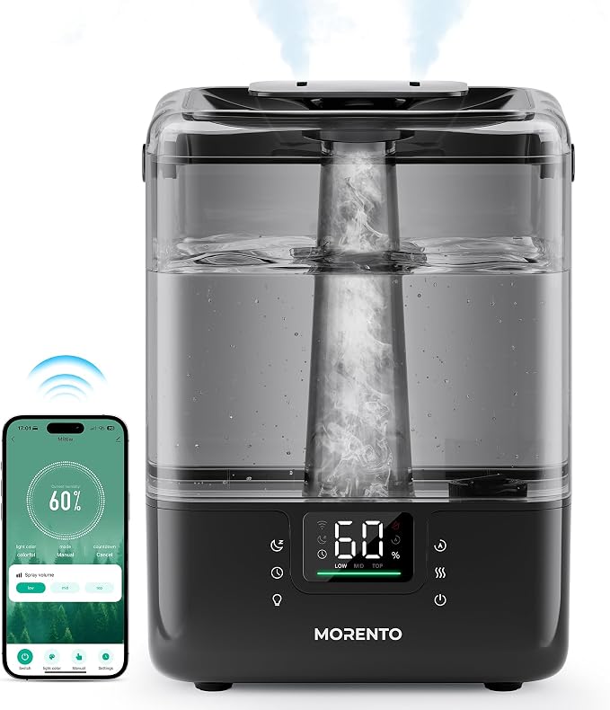 Smart Humidifiers for Bedroom Large Room Home, 6L Cool Mist Top Fill Humidifier with Essential Oil Diffuser, Smart App & Voice Control, for Nursery & Plants, Black, 1 Pack + 7 Color NightLight