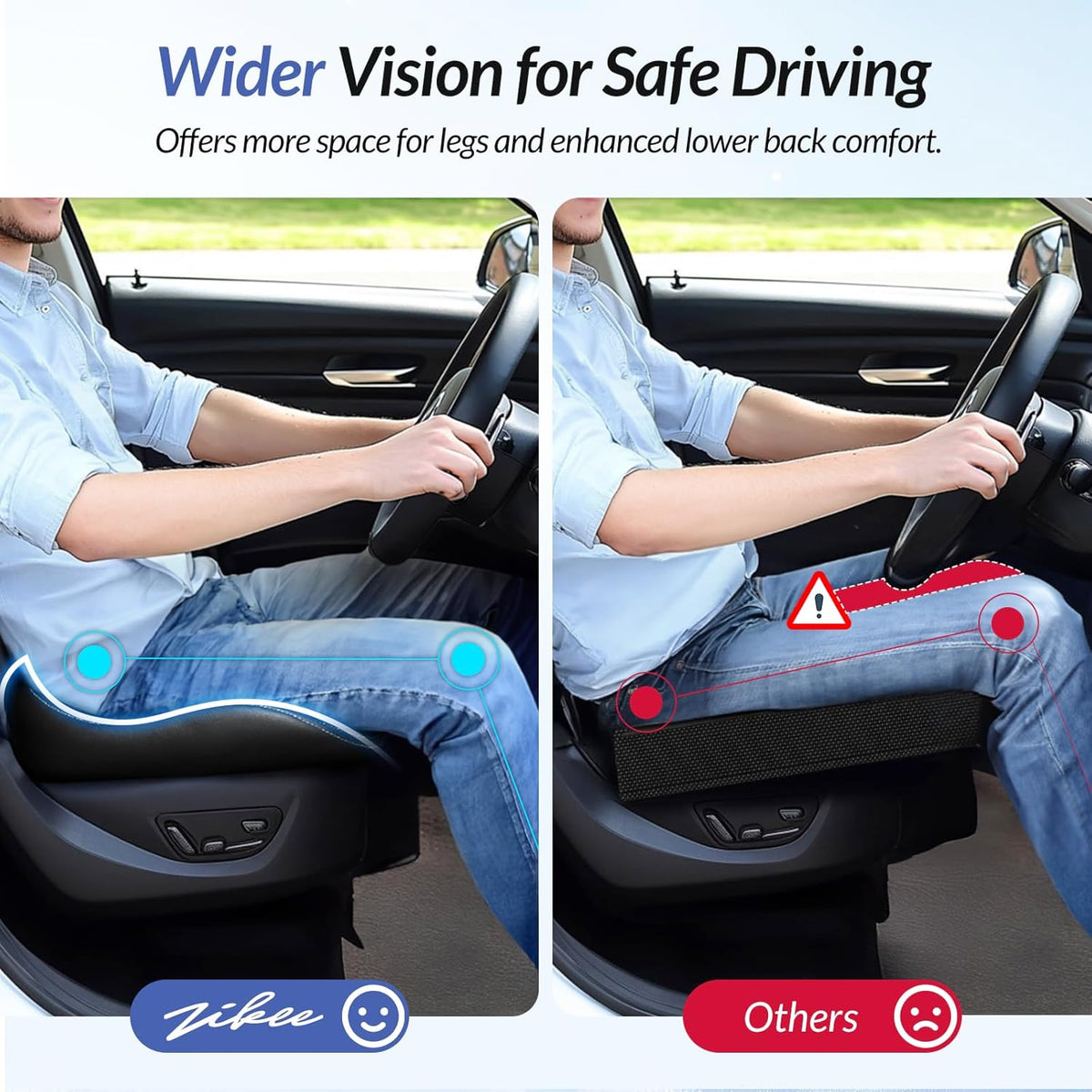 ZIKEE Car Seat Cushion with Memory Foam for Long Drive, Sitting Pain Relief, Ergonomic Seat Cushion for Car & Office Chair, Relieve Tailbone & Thigh Pain, Better Visibility, Rub-Resistant, Easy-Clean