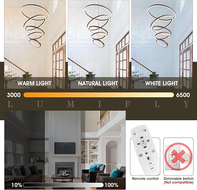 Modern LED Ring Chandelier 5-Light Chandelier Wood Grain Dimmable Round Foyer