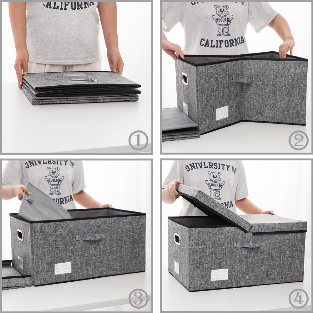 PRANDOM Storage Bins with Lids [3-Pack] Linen Fabric Foldable Storage Boxes Organizer Containers Baskets Cube with Cover for Bedroom Closet Office Grey(23.4X15.9X11.4)