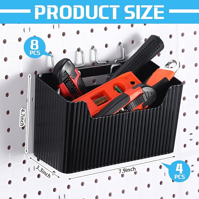 Suzile 4 Pcs Pegboard Bins Plastic Bins Set 7.9 x 3.3 x 4.7'' Pegboard Containers with Metal Hooks Organizing Assortment Accessories for Organizing Storage Tools Storage Workbench Garage (Black)