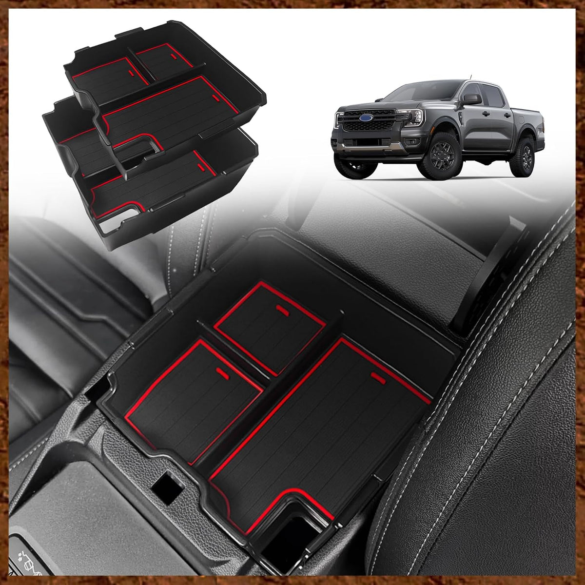 Muslogy Two-Layer Console Organizer for 2024+ Ford Ranger & Raptor (Red)