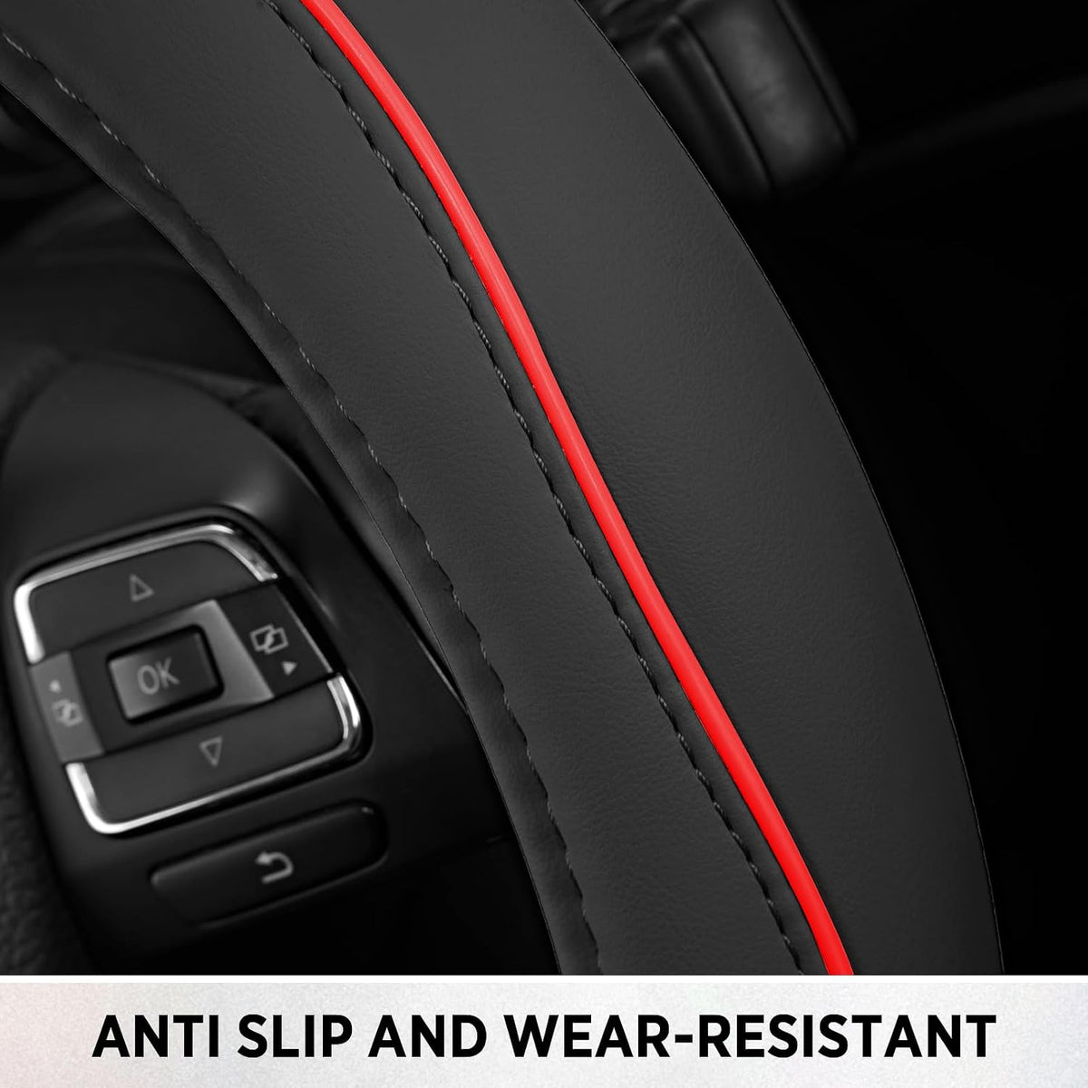 Road Comforts Leather Steering Wheel Cover with Decorative Trim and Piping, Anti-Slip Breathable Design, Fits 14.5–15 Inch Round Steering Wheels, Snug Fit, Stylish Interior Upgrade - Red