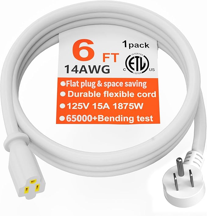 HUANCHAIN 14 Gauge 6 Feet Flat Plug Extension Cord White Indoor Outdoor, Heavy Duty 3 Prong Grounded Low Profile Extension Wire Flexible, 15A 1875W 125V 14AWG SJTW, ETL Listed