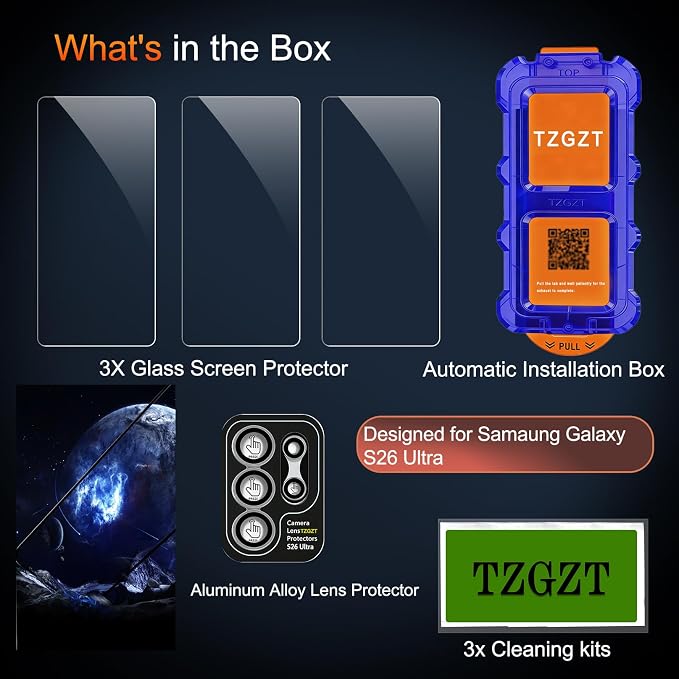 TZGZT 3 Pack Screen Protector for Samsung Galaxy S26 Ultra, 9H Tempered Glass