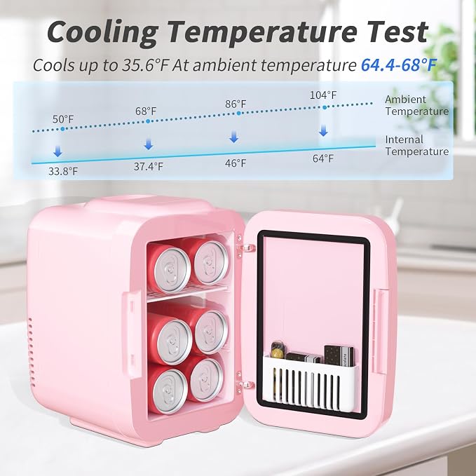 OSTBA Skincare Fridge Mini Fridge for Bedroom with Dimmable LED Mirror, 4Liter/6 Cans Cooler and Warmer for Makeup, Cosmetic, Beauty, Portable Refrigerator for Bedroom, Vanity, Office and Car