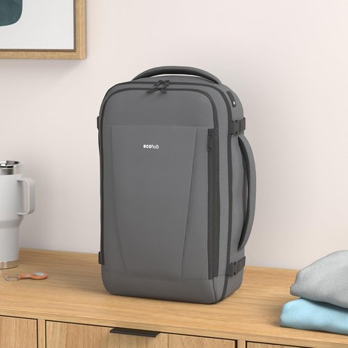 ECOHUB Travel Backpack - Airline Approved Personal Item Bag | Waterproof Gym Daypack with Charging Port - Gray, 18x14x8 Inches