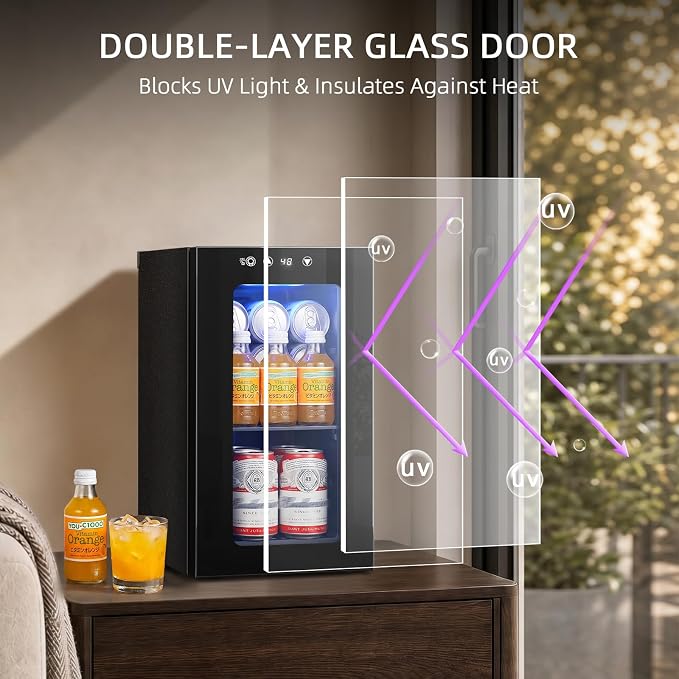 Antarctic Star Beverage Refrigerator, 10L Portable mini fridge with Electronic Temperature Control, 40-61°F Glass Door, Small Drink Fridge for Bedroom, Dorm, Office, Bar & Kitchen