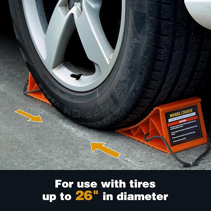 Wheel Chocks, 4 PACK Heavy Duty Wheel Chocks for Car with Rope for Easy Removal, Durable, Non-Slip, Hard Plastic Tire Stopper Blocks for RV, Camper, Trailer, Effective in Keeping Your Vehicle in Place