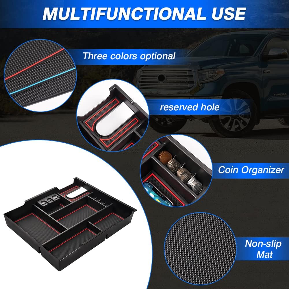 Autorder Center Console Organizer for 2014-2021 Toyota Tundra Accessories Armrest Storage Box Secondary Insert Full Tray with Red/Blue/Black Silicone Pads