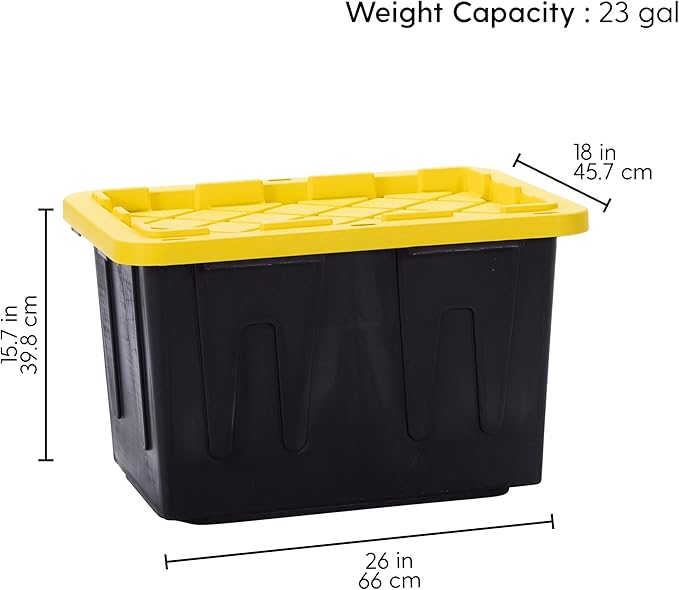 Plastic 23-Gallon Storage Tote with Lockable Lid, Stackable Tough Regular-Duty Bin for Garage, Tools, and Home Organization (2-Pack) - Black and Yellow