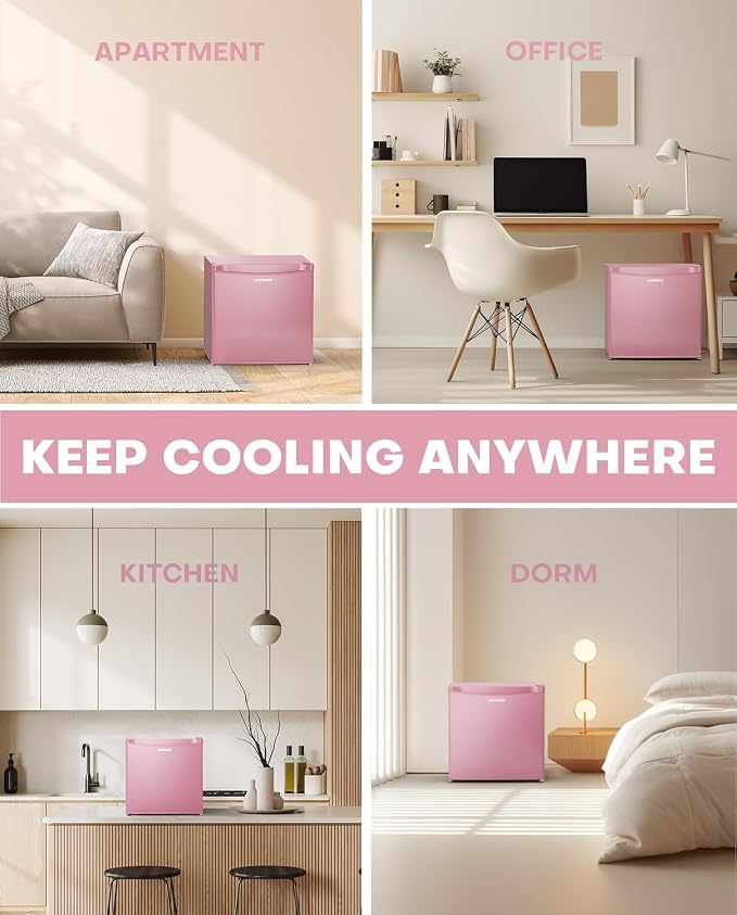 Upstreman 1.7 Cu.ft Mini Fridge with Freezer, Pink-FR17 | Dorm Essentials, Adjustable Thermostat, Energy Saving, Low Noise, Compact Refrigerator for Dorm, Office, Bedroom