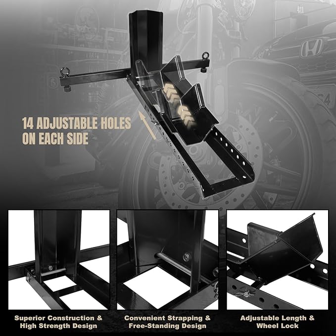 Torin ATRM05012B Motorcycle Trailer Wheel Chock: Adjustable Heavy-Duty Steel Motorcycle Stand Wheel Tire Chock for 16"-25" Off-Road and Standard Motorcycles, Upright 1800lbs Capacity