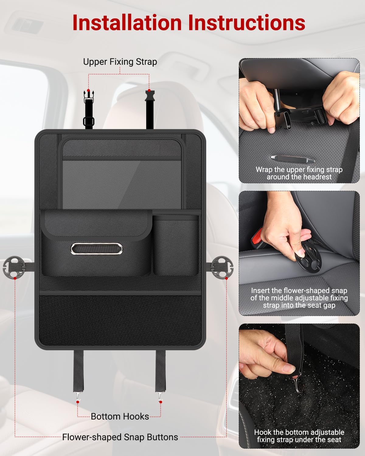 1pc Car Back Seat Organizer with Foldable Table Tray, 8 Storage Pockets & Tablet Holder, Kick Mat Back Seat Protector Cover for Kids, Road Trip Travel Accessories - Black