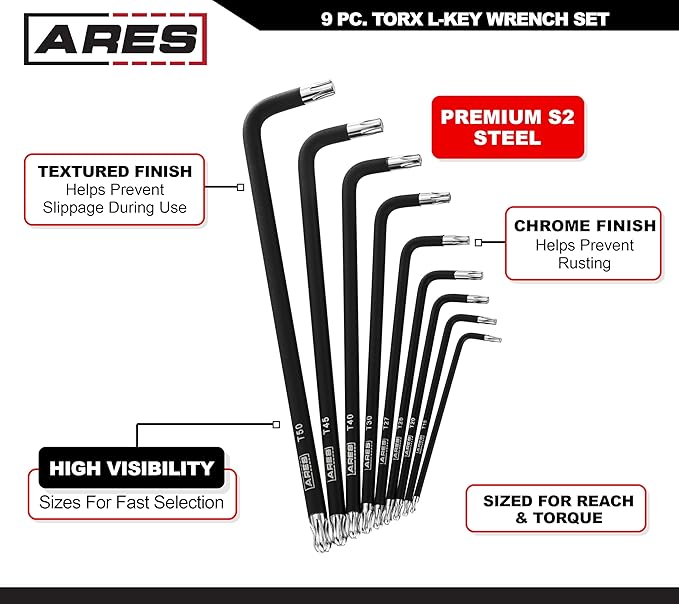 ARES 70257 - Extra Long Ball End Torx L-Key Set - 9-Piece Set Includes Sizes T10-T50 - Anti-Slip Textured Black Coating & Premium S2 Steel Construction - Storage Case Included