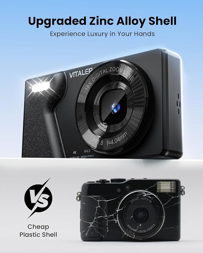 Digital Camera with Front Rear Lens, Autofocus 64MP 4K Camera
