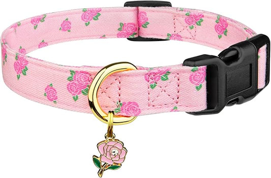 Cotton Handmade Dog Collar Cute and Distinctive Patterns Pink Rose with Pendant for Girl Boy Dogs Collars L