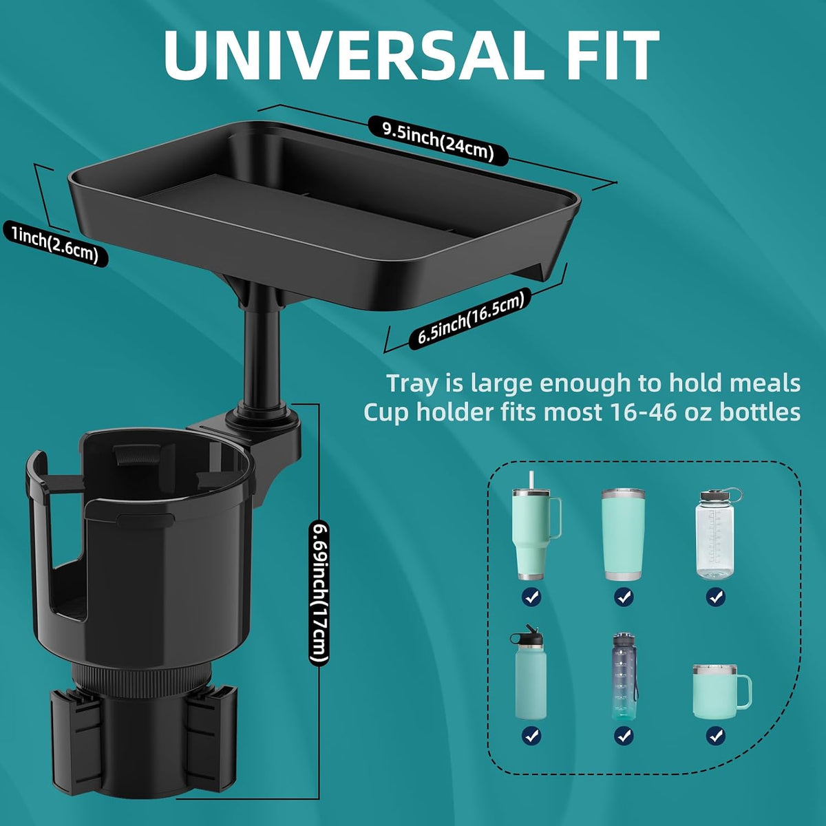 TYKOR Car Cup Holder Tray, 9.5" Car Food Tray Table for Eating | Cup Holder Expander Adapter for Car, Fits Yeti, Hydro Flask, Other Bottles and Mugs in 16-46 oz, Car Road Trip Essentials