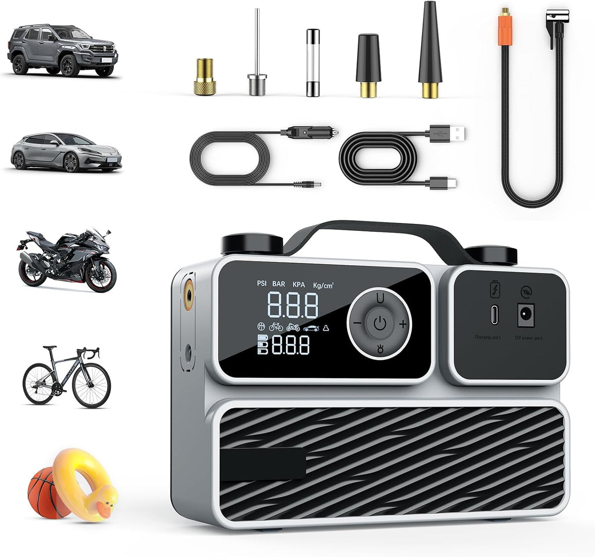 Tire Inflator Portable Air Compressor, Air Pump for Car Tires 150PSI Cordless Rechargeable Battery and 12V DC, Electric Bike Pump with Pressure Gauge, Auto Shutoff, for Ball, Motorcycle