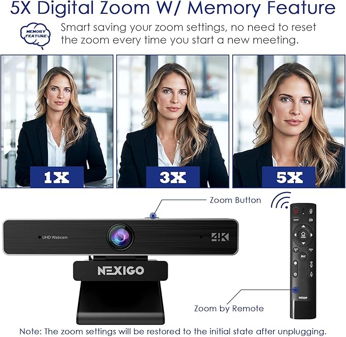 Zoom Certified, NexiGo N950P 4K Zoomable Webcam, RF Remote, Sony_Starvis Sensor