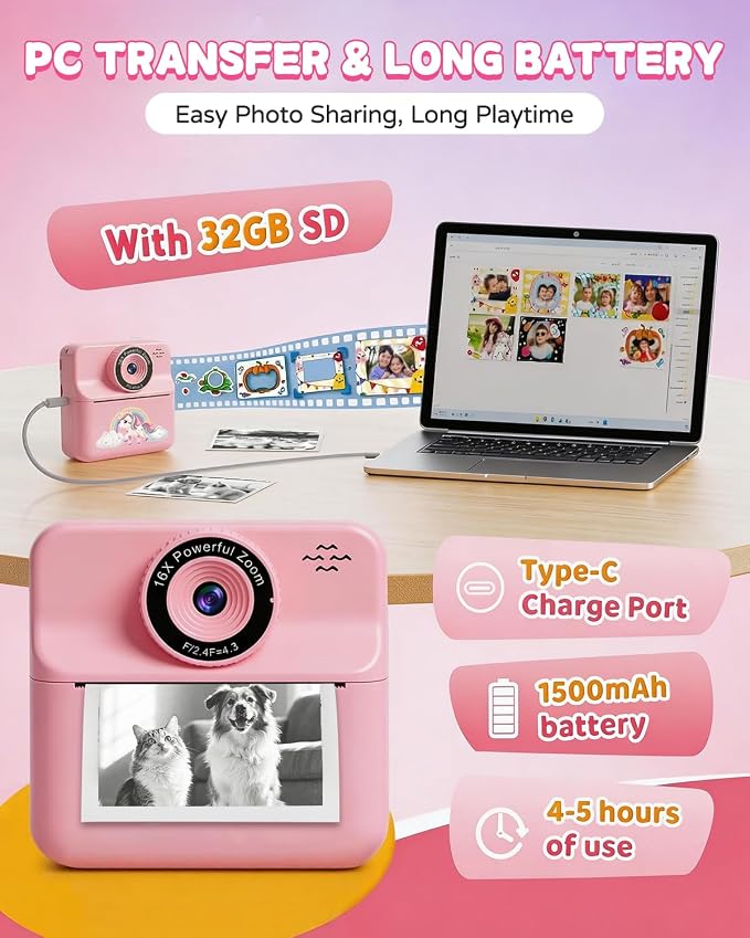 Kids Camera Instant Print with Carrying Case, Digital Selfie Camera with 6