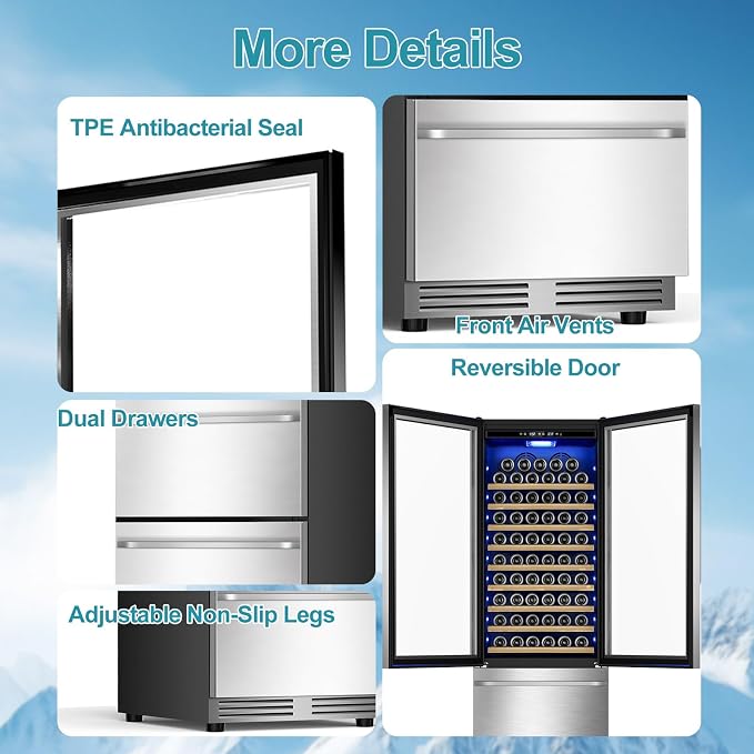 Wine and Beverage Refrigerator, 24'' Dual Zone Wine Fridge with Dual Drawers, Holds 160 Cans and 120 Bottles, Reversible Door, Built-In or Freestanding, Beverage Fridge for Home or Commercial
