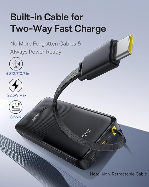 Baseus Portable Charger, 10000mAh Fast Charging Power Bank, 22.5W PD3.0 QC3.0 Battery Pack Built-in USB C Braided Cable, Travel Essentials for iPhone 17 16 15, iPad, S25/S24, Indoor/Outdoor