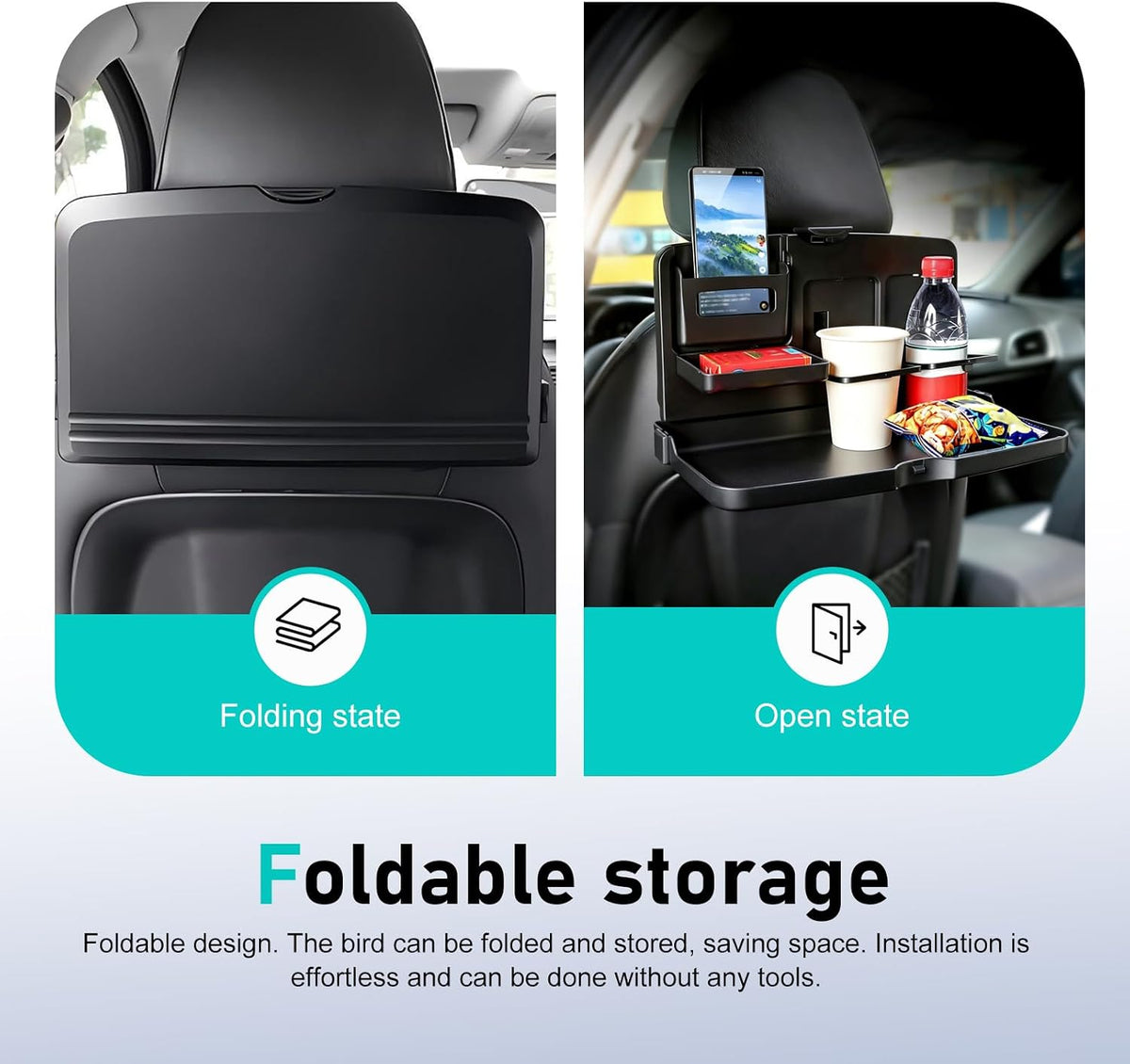 Car Food Tray Holder, Multifunctional Foldable Car Backseat Travel Tray, 13.38" x 7.87" Back Headrest Seat Eating Food Trays, for Food, Meal, Snack, Drinks (Black)