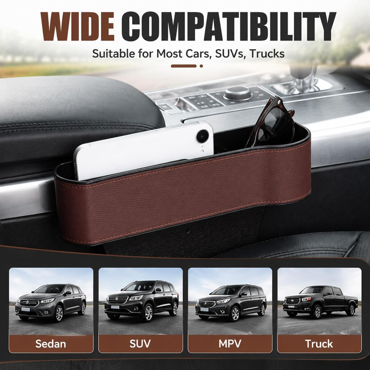 BBTO 2 Pack Car Seat Gap Filler Organizer with Cup Holder, Brown PU Leather