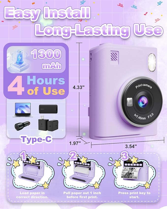 Instant Print Camera for Kids, Christmas Birthday Gifts for 4 5 6 7 8 9 10 Year