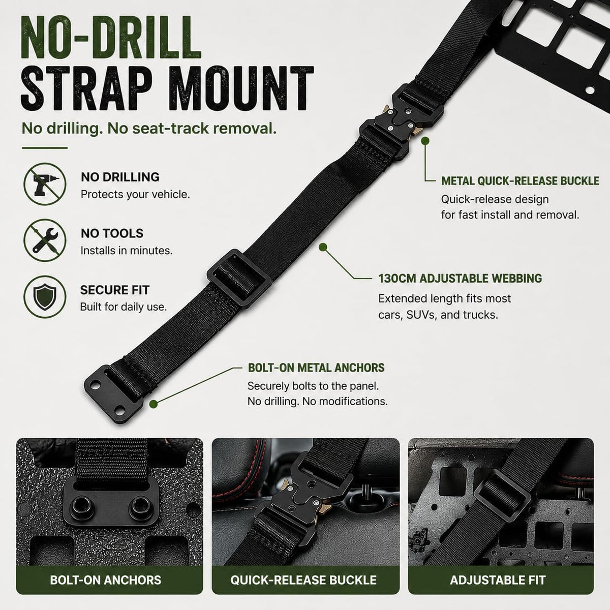 Metal MOLLE Seat Back Panel, 1 Seat Kit, 2mm Aluminum Vehicle Organizer for Most Standard Seat Backs, No-Drill Strap Mount, Compatible with Many MOLLE/PALS-Style Accessories