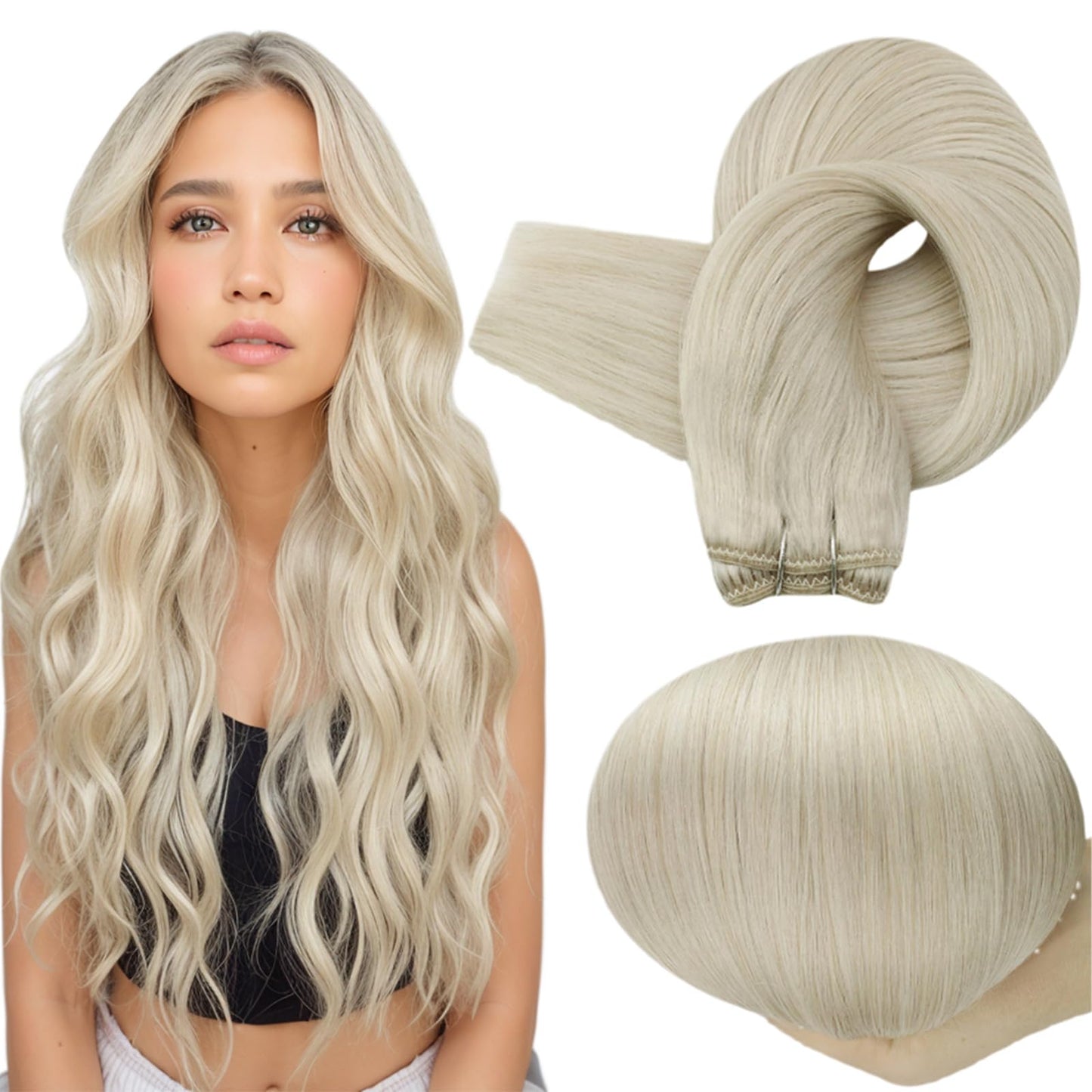 Full Shine 24 Inch Weft Hair Extensions Human Hair Blonde Hair Extensions Sew In Remy Straight Hair Weft Extensions Color Icy Bl