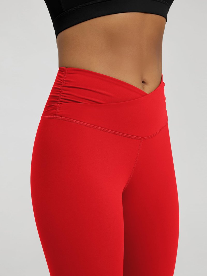 ODODOS Women's Cross Waist 7/8 Yoga Leggings with Inner Pocket, Inseam 25" Gathered Crossover Workout Yoga Pants, Red, Large