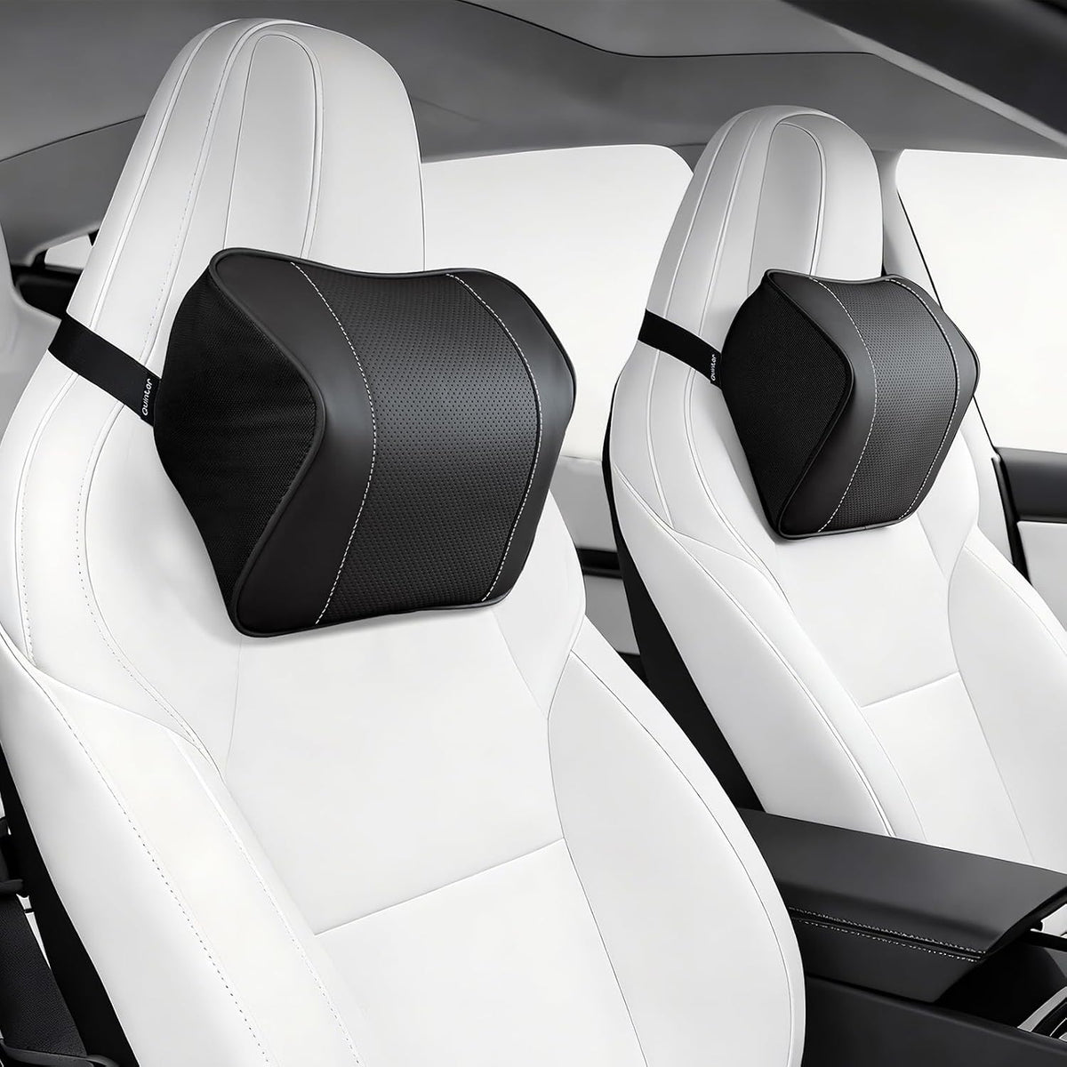 Genuine Leather Car Neck Pillow for Tesla Model 3/Y/S/X, Lumbar Support, Black