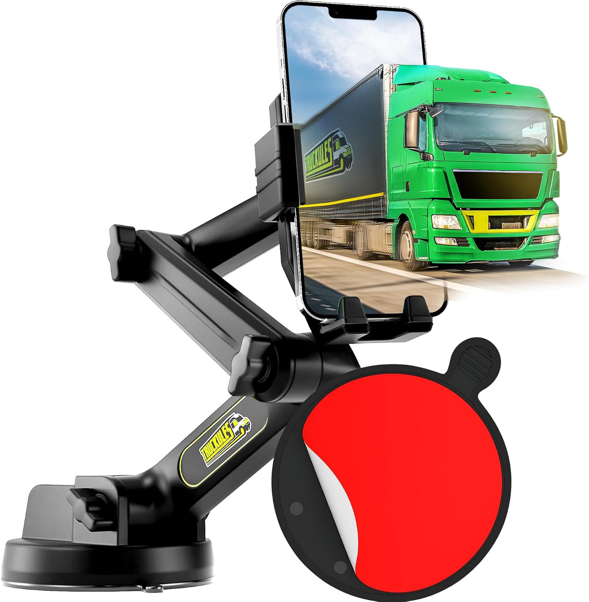 Cell Phone Mount for Truck Phone Holder for Truck Drivers - Heavy Duty Suction Cup + Dashboard Pad, iPhone Holder for Dashboard Window 16.9 inch Long, for iPhone & Samsung, Commercial Trucker, Black
