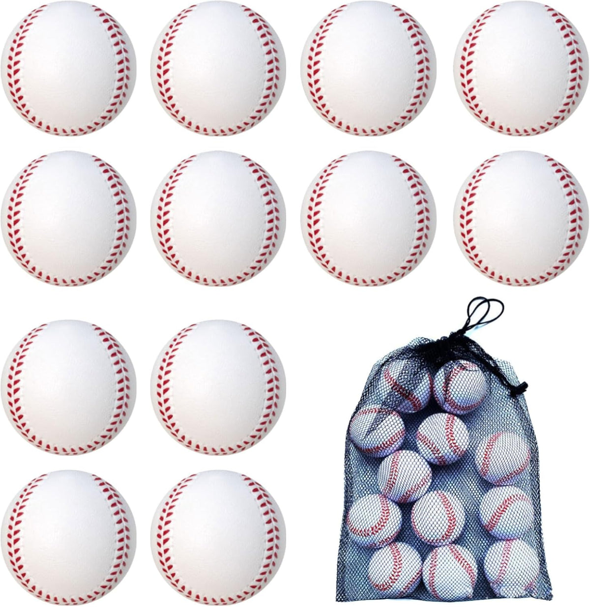 Skiennix Foam Baseballs - 12 Pack Soft Training Balls with Mesh Bag for Indoor/Outdoor Use - White