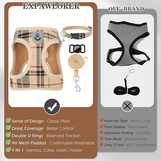 EXPAWLORER Plaid Small Dog Harness and Leash Set with AirTag Holder - Soft Padded Step in Dog Vest Harness Medium Sized Dog, No Pull Reflective Puppy Harness, Collar and Leash for Walking, Khaki M