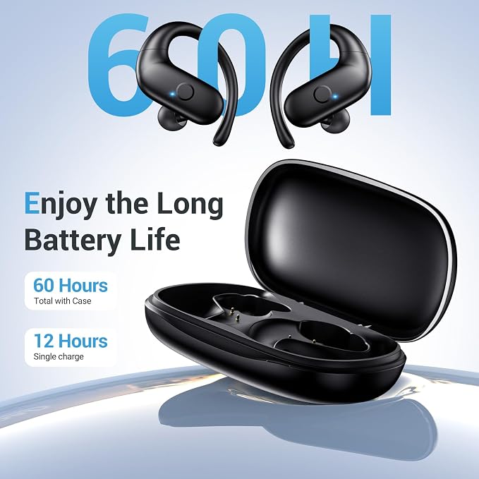 Sport Wireless Earbuds,60Hrs BT5.4 ENC IPX7 Waterproof Earhooks Deep Bass | 14.2mm drivers deliver rich stereo sound. Soft silicone ensures a secure, painless fit for long workouts.