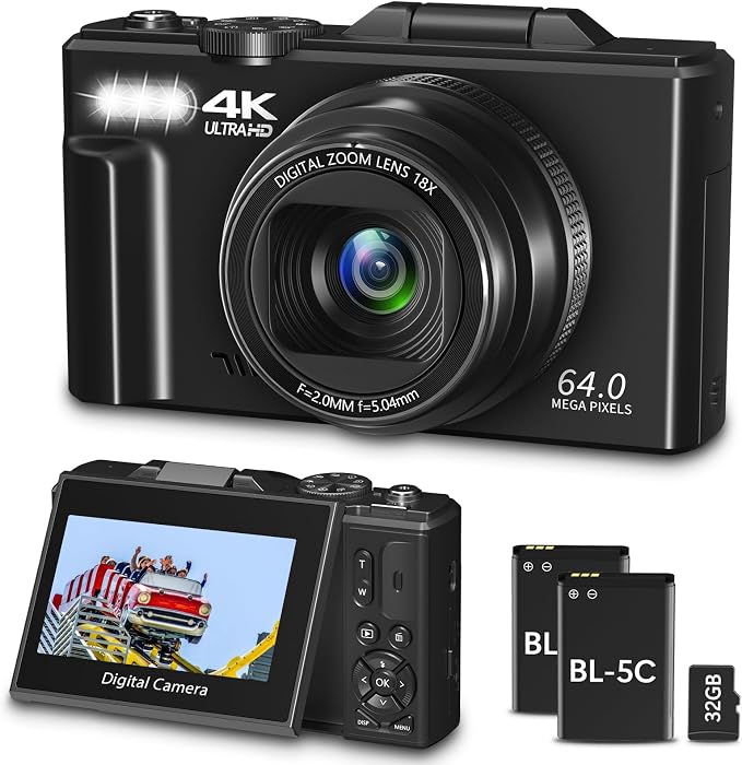 4K Digital Camera for Photography, 64MP Vlogging Camera for YouTube, WiFi Vlog