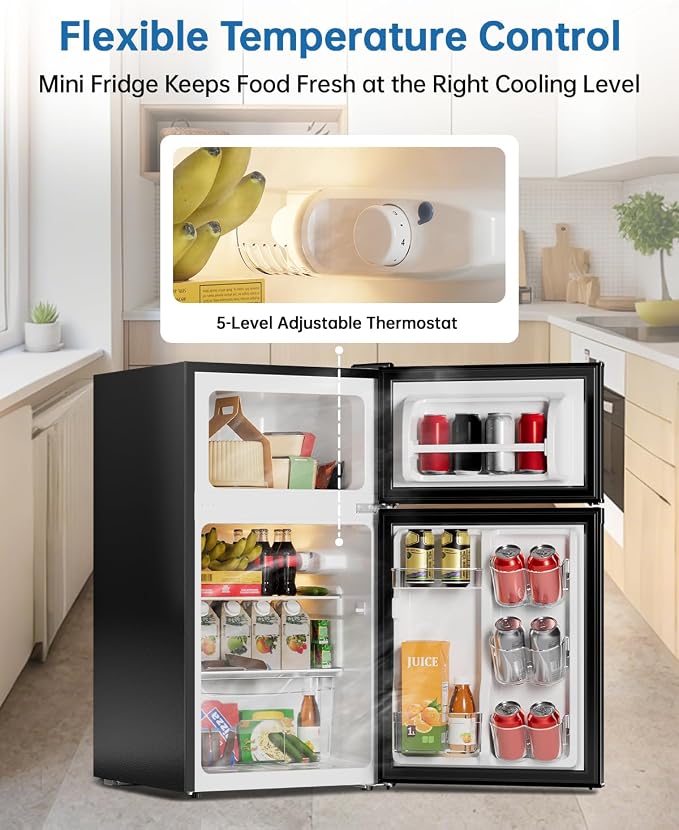 3.2 Cu Ft Mini Fridge with Freezer, Double Door Upright Freezer | Energy Efficient, Glass Shelves, Interior Light, ETL Certified, Compact Small Refrigerator for Bedroom, Office & Dorm, Black