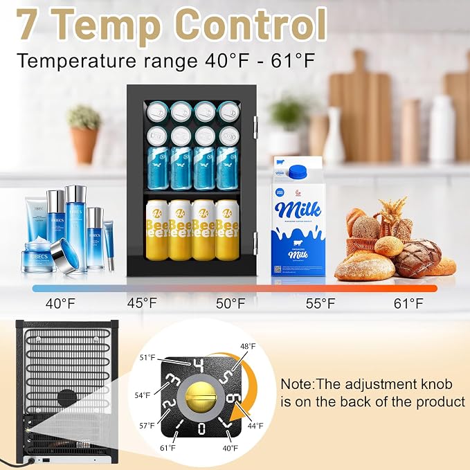 24 Can Mini Fridge with Mirror, 0.9 Cu.Ft Compact Beverage Quiet | 7-Temperature Control Cooler for Soda, Beer, Wine & Beauty Products, Small Refrigerator for Bedroom, Dorm, Office
