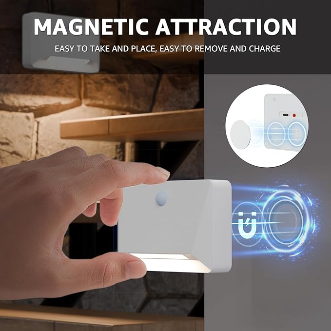 uuffoo Rechargeable Motion Sensor Wall Light, Magnetic Linkage Multi-Sensor Stair Lights with 3 Brightness Levels, Wireless Battery Operated Indoor Wall Lamp for Closet Bedroom Hallway(White)