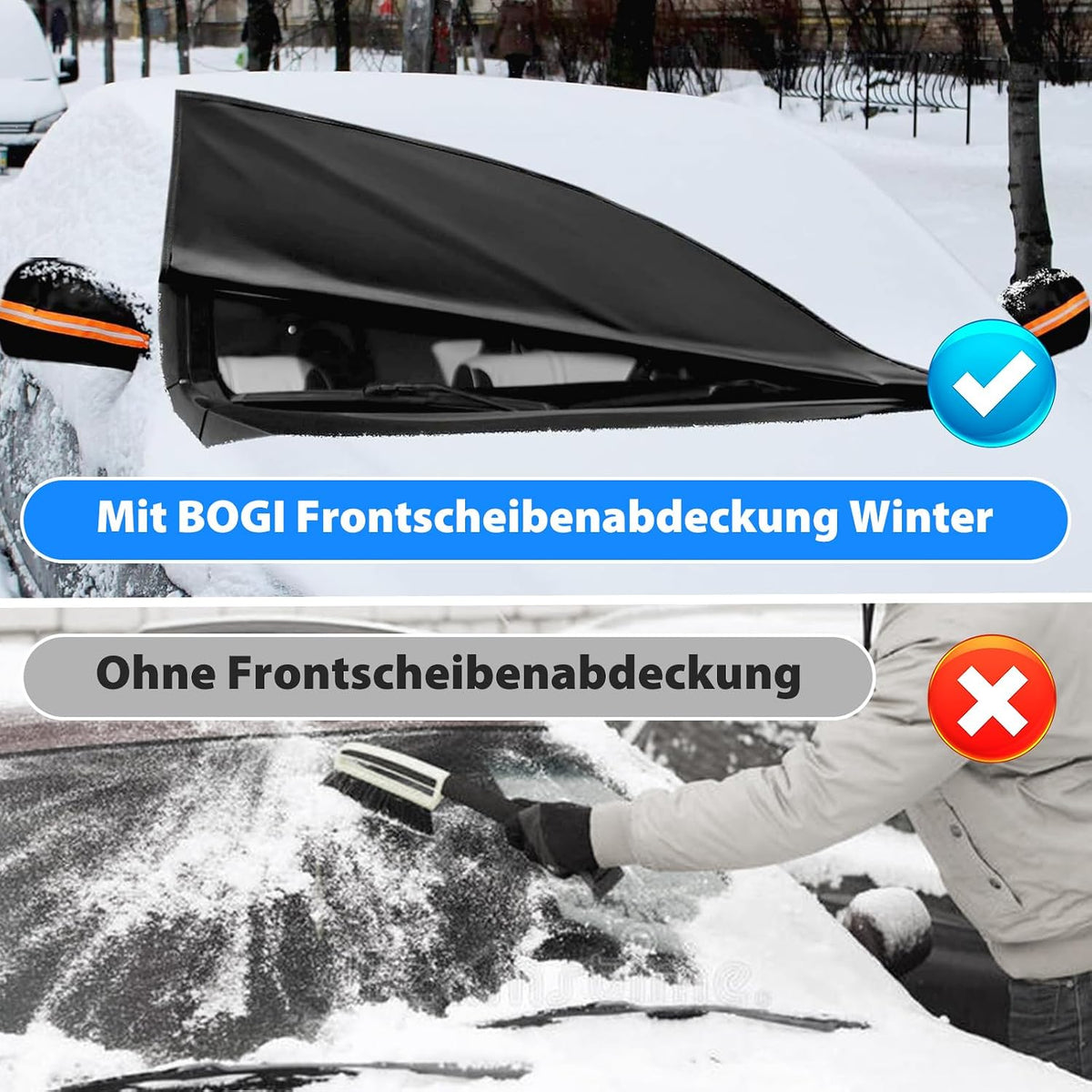 BOGI Windshield Cover for Ice and Snow, Heavy Duty 600D Windshield Snow Cover with 2 Mirror Covers Waterproof Car Cover for Snow Windshield Protector for Cars, SUVs, Trucks (77"x47")