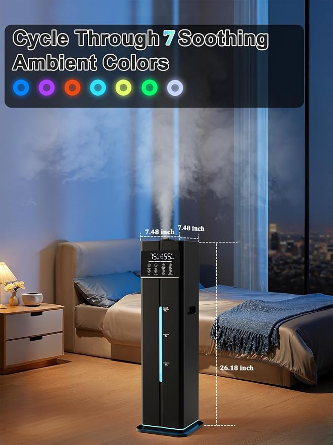 9L/2.4Gal Smart Cool Mist Humidifier, Top Fill Quiet Humidifier Large Room, Covers 550ft², App & Remote Control, 60H Runtime, 7 Colors Light, 4 Mist Modes Humidifiers for Bedroom, Office, Black